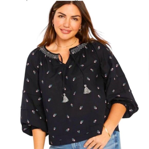 Old Navy SZ 3X Black cotton print Peasant Top Smocked Boho Cottage Core Prairie - Picture 1 of 9